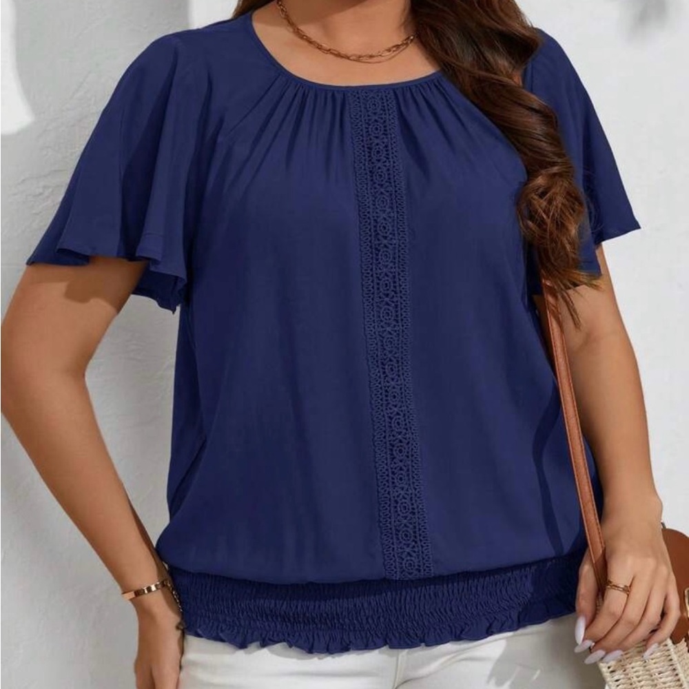 Lace Hem Decorated Short Sleeve Pullover Shirt with Elastic Waist - Picture 6 of 6